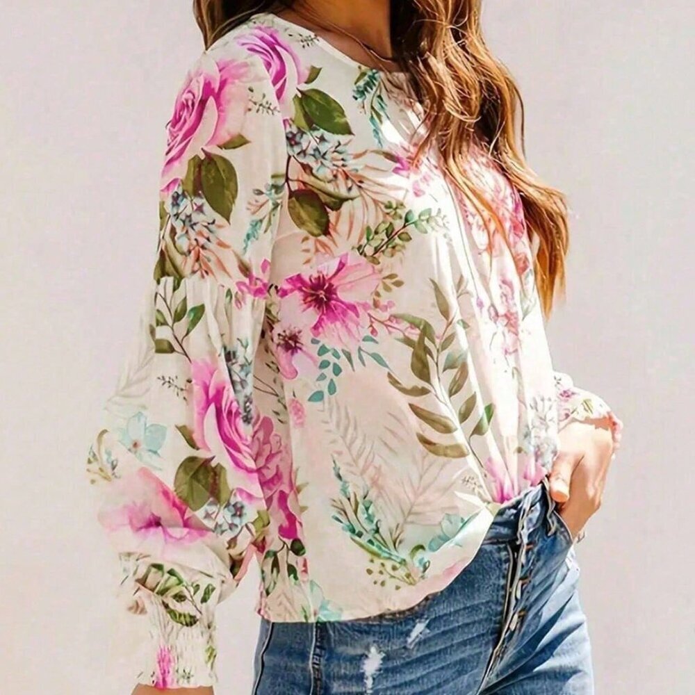 Multicolor Elegant Women's Floral Print Round Neck Bubble Sleeve Pullover Shirt - Picture 2 of 4